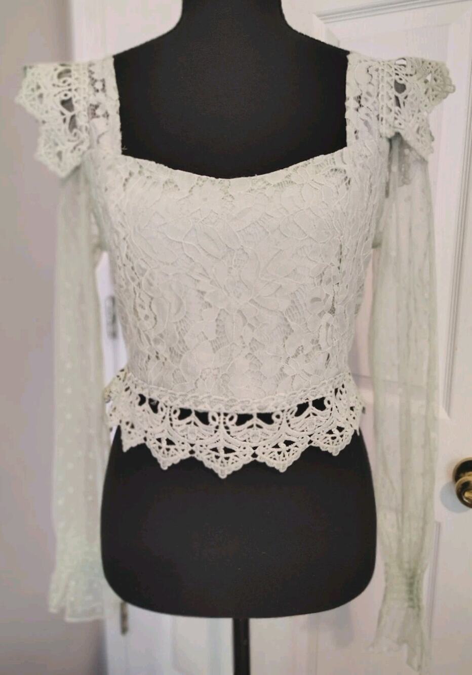IRIS Mint Green Lace Crop Top Smocked Back Long Sleeve Size L Dollcore Victorian